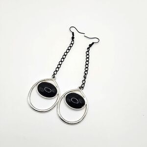 Repurposed Black link chain drop dangle silver & black oval earrings